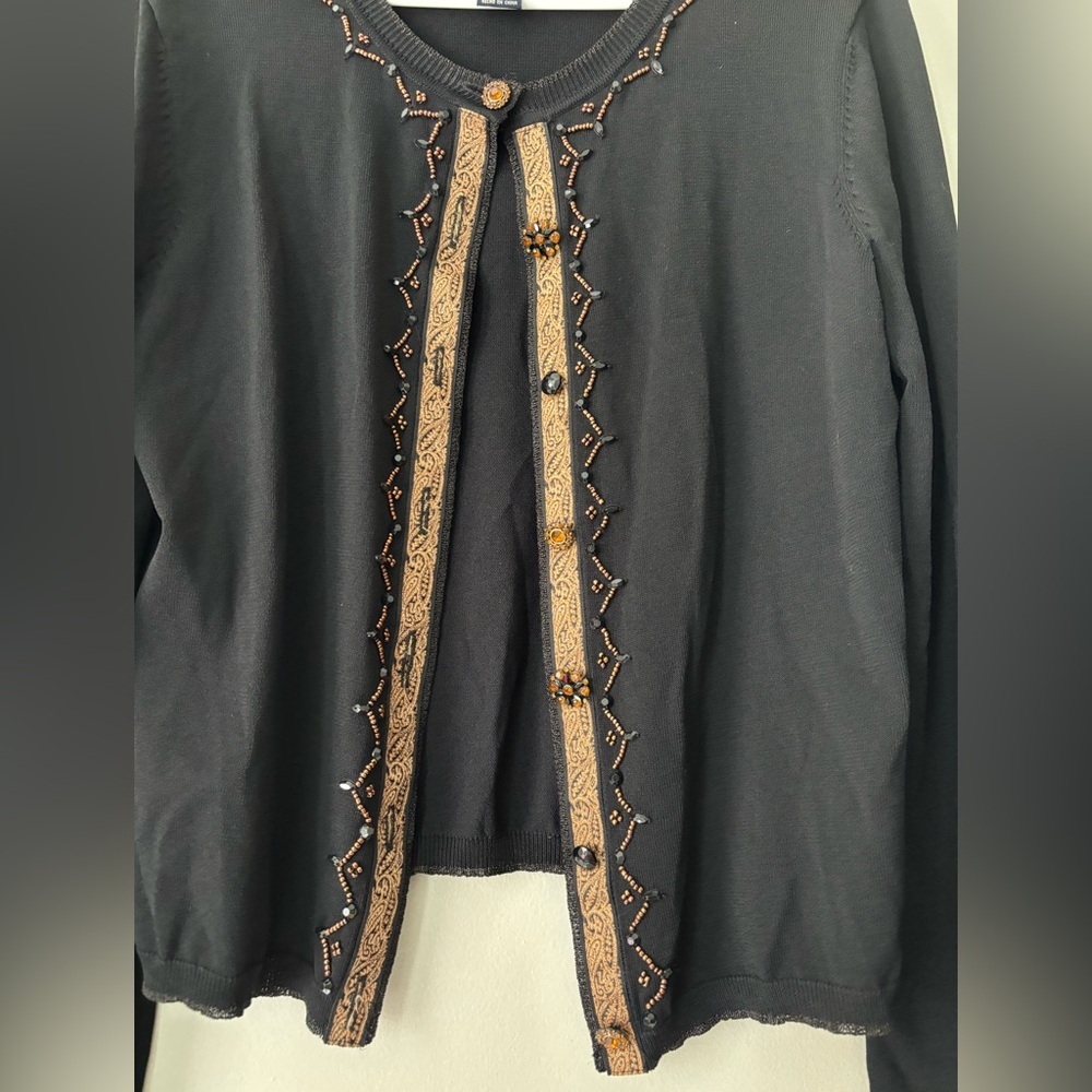 Y2K Cottagecore Black Boho Embroidered Beaded Fairycore Whimsical Cardigan Large - Picture 5 of 10